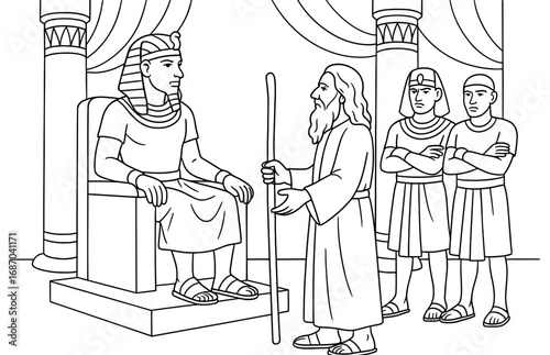 Moses confronting pharaoh in ancient egypt scene for coloring book page
