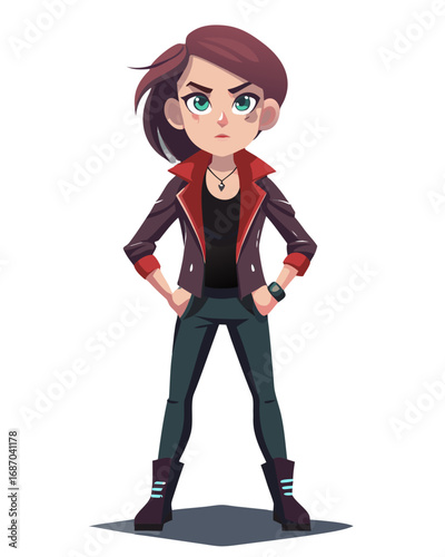 Cool Biker Girl in Leather Jacket, a Strong and Confident Cartoon Character