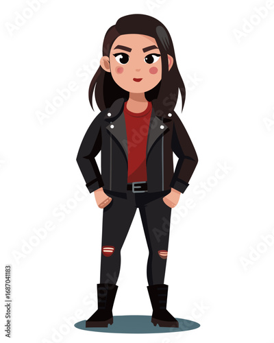 Cool Biker Girl in Leather Jacket, a Strong and Confident Cartoon Character