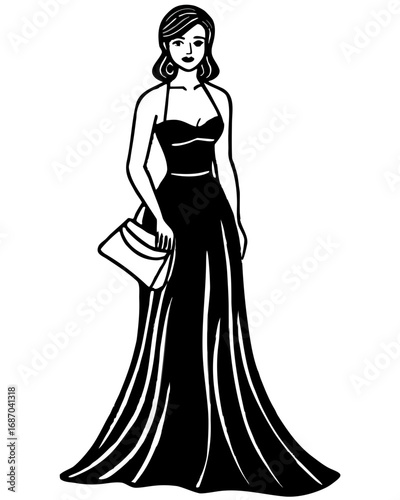 Elegant Woman in Evening Gown, a Glamorous Fashion Line Art Illustration