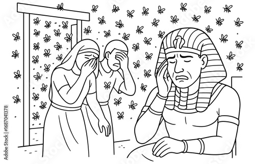Ancient plague scene with swarms of flies in egyptian setting for coloring page
