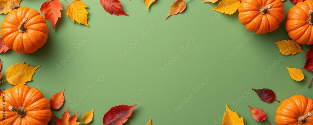 Obraz premium Autumn Harvest with Pumpkins and Colorful Leaves on Green Background