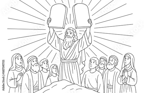 Moses holding tablets of the ten commandments with followers - religious scene design for faith-based publications