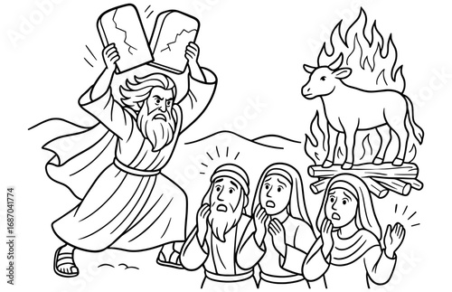 Moses breaking the tablets with golden calf scene for religious education and teaching