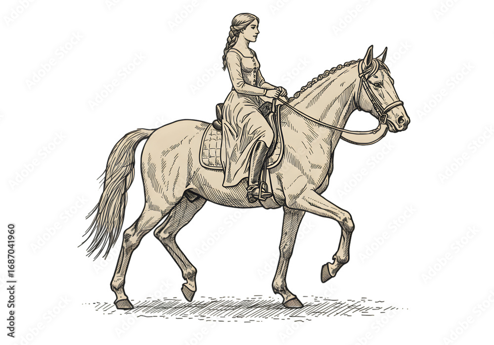 Naklejka premium Woman On Horseback Riding Sketch Illustration Isolated On Black Background