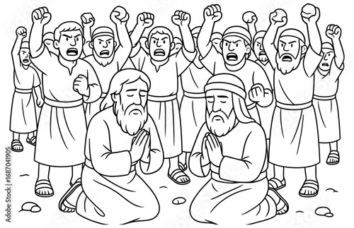 Depiction of israelites' rebellion scene with praying elders