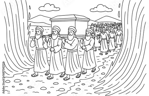 Crossing the jordan scene with the ark of the covenant in biblical setting for religious education
