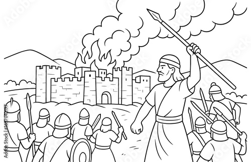 Historical battle scene with soldiers and burning city
