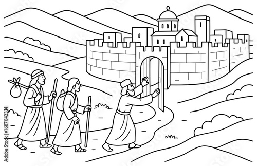 Sanctuary city gate with pilgrims arriving: ancient journey design for historical card or poster
