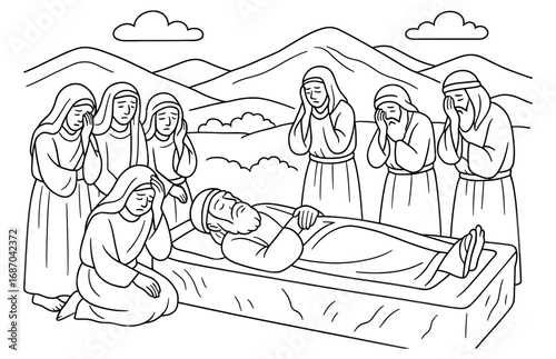Mourning scene at joshua's tomb in mountainous landscape for religious education and historical study