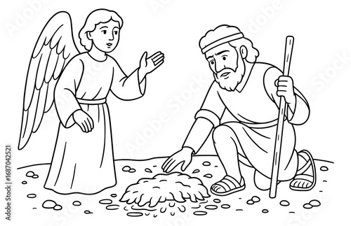 Biblical scene of gideon examining fleece with angelic figure - religious theme for educational use