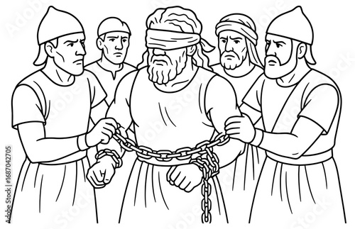 Biblical scene of samson and the philistines in chains - religious vector art for educational use