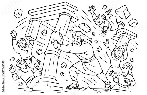 Samson's legendary strength unleashed as columns crumble in dramatic biblical scene