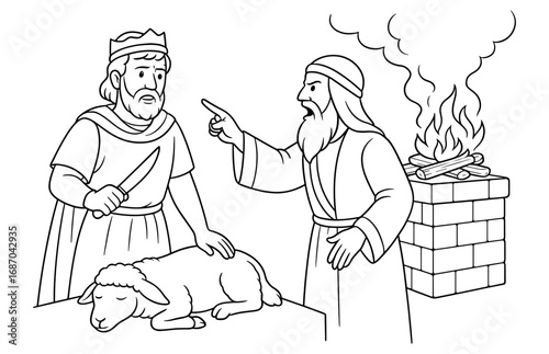 Biblical scene of saul's disobedience with prophet samuel and sacrificial lamb for religious education