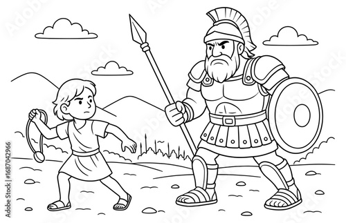 Epic scene of david vs goliath — historical battle illustration for educational content