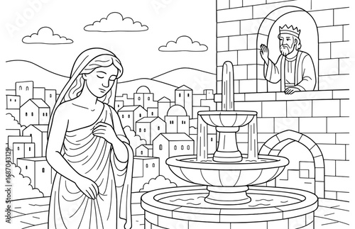 Biblical scene of david and bathsheba by a fountain in historical cityscape for coloring design