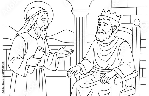 Biblical scene with king and messenger in ancient setting, ideal for educational use