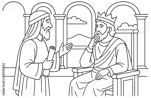 Biblical scene of prophet nathan and king david discussion in ancient setting