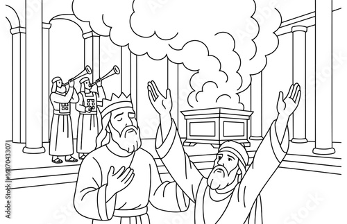Solomon's prayer scene with trumpeters and smoke in ancient temple design for coloring book