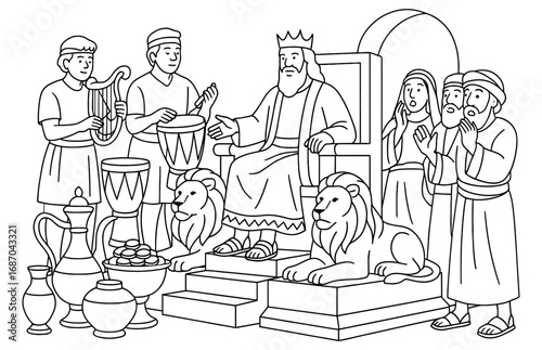 King solomon's treasures scene with musicians and courtiers for historical and educational design