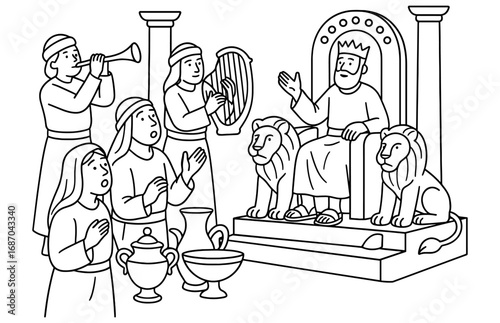 Depiction of king solomon's court with musicians and treasures for historical and educational use