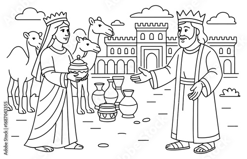 Historic encounter of queen sheba and king solomon with camels and gifts