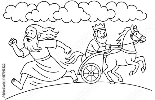 Prophet's speedy escape with chariot pursuit under cloudy sky