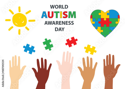 World Autism Awareness Day vector illustration with diverse hands, colorful puzzle heart and shining sun symbolizing support, inclusivity and community care