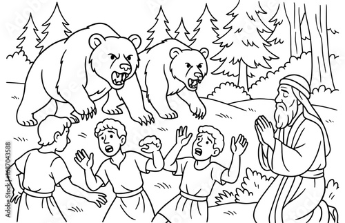 Biblical scene of bears protecting elisha in forest setting, ideal for coloring book design