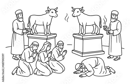 Ancient ritual scene depicting golden calves offering for religious worship concepts