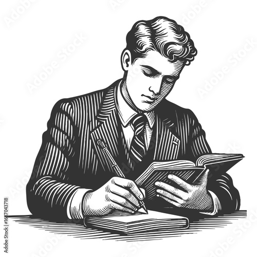 young man in a suit writing notes while reading, symbolizing study, work, or focus sketch engraving generative ai fictional character vector illustration. Scratch board imitation. Black and white.