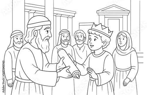 Biblical scene of young josiah receiving the scroll in ancient setting for educational material