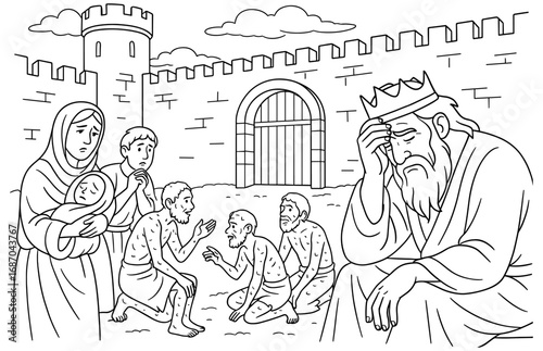 Siege of samaria scene with biblical figures and city walls depiction