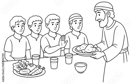 Daniel refuses king's feast depiction for educational and religious themes