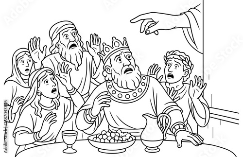 Belshazzar's mysterious feast with handwriting on wall in biblical scene