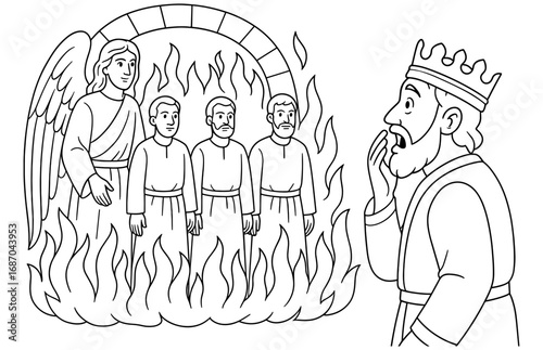 Fiery furnace miracle scene with angel and three men in flames, biblical story illustration