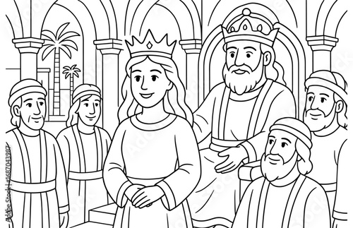 Esther's royal coronation scene in historical palace setting for coloring book