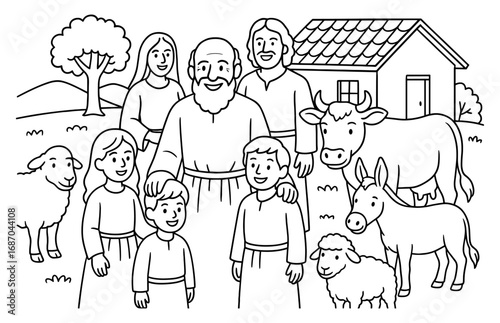 Joyful family gathering with livestock in a pastoral scene