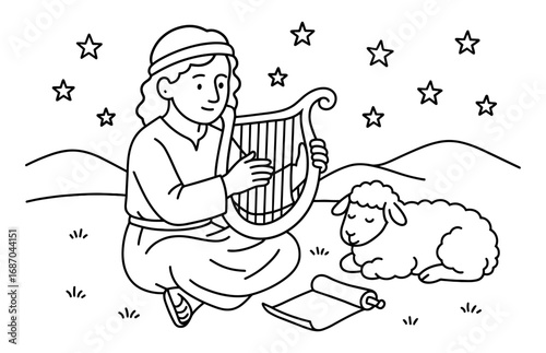 Peaceful night scene with david playing harp under starry sky