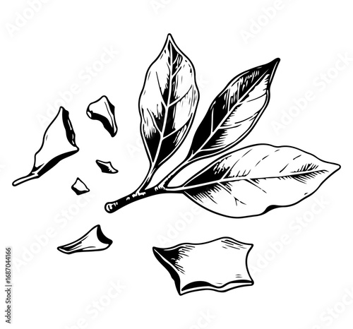Bay leaf vector engraving style illustration