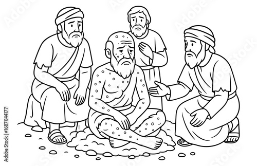 Biblical scene of job's suffering with friends in conversation