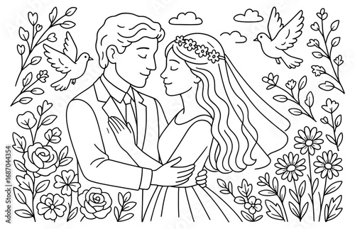 Romantic bride and groom embrace in floral garden for wedding design