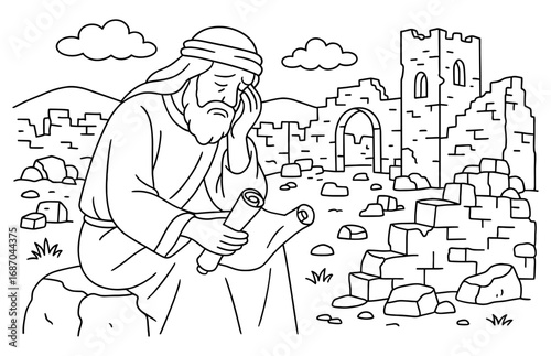 Ancient weeping prophet in ruins scene - religious historical concept for faith and reflection