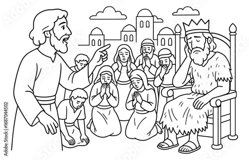 Jonah preaching to nineveh's king and people - biblical scene for educational material