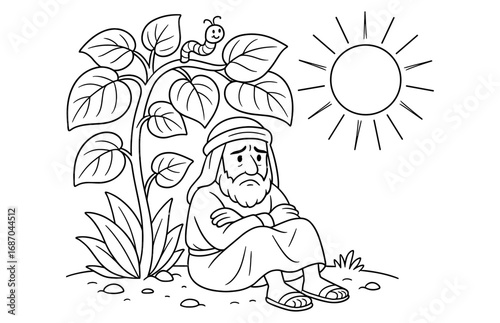 Jonah sitting under vine in sunny scene - biblical illustration for coloring and teaching