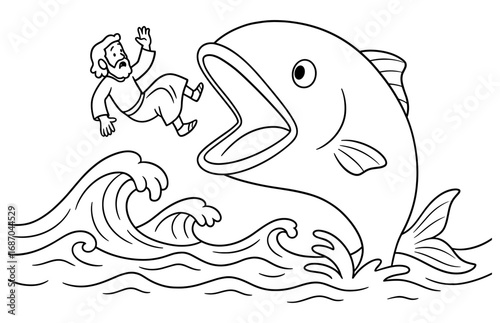 Jonah and the fish biblical scene for coloring book design