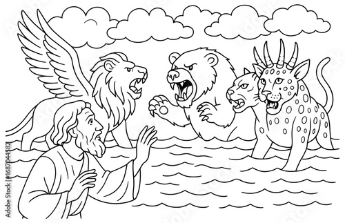 Biblical scene with daniel's prophetic beasts for religious coloring book design