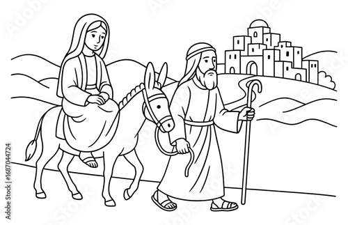 Bethlehem journey coloring page for holiday design and educational use