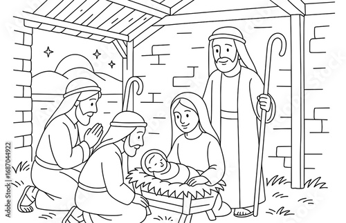 Nativity scene with shepherds visiting baby jesus in manger - christmas celebration coloring page