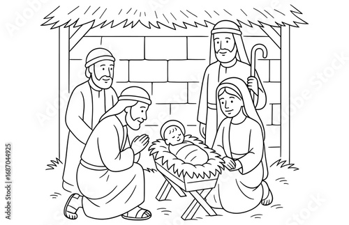 Nativity scene with shepherds at the manger for christmas celebration